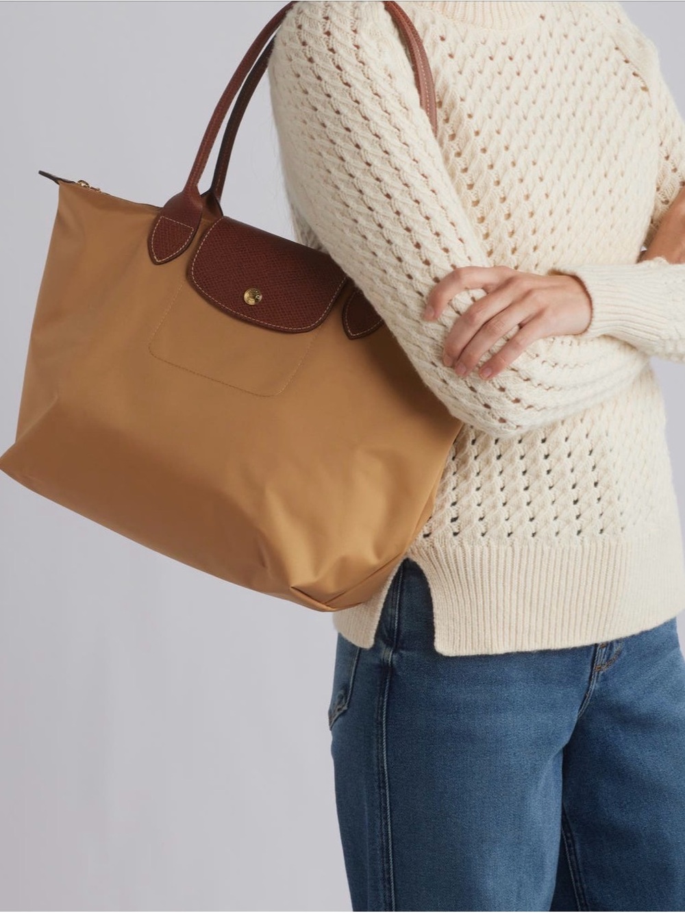 Longchamp Convertible Tan Nylon Tote with Brown Leather Trim (medium) - Picture 2 of 5